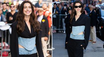 Anne Hathaway's chic corset denim blend exudes city businesswoman vibes