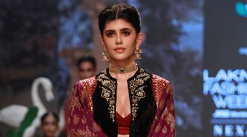 At Lakme Fashion Week 2022, actress Sanjana Sanghi posed as the show-stopping model for Tencel X Anju Modi.