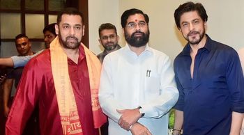Wow! Shah Rukh Khan And Salman Khan Posing TOGETHER During Star Studded Ganpati Darshan At CM Eknath Shinde's Residence! (Watch Video)