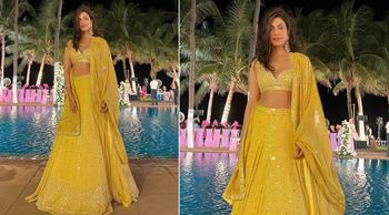 Rhea Chakraborty looks like a sunshine in a bright yellow lehenga by Sawan Gandhi