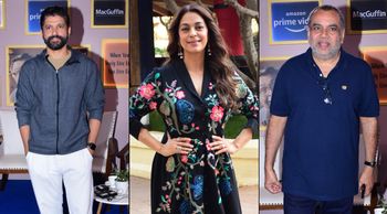 Juhi Chawla, Paresh Rawal, Farhan Akhtar, Hitesh Bhatia, Taaruk Raina, Abhishek, Suhail Nayyar, Ritesh Sidhwani, and Maniesh Menghani seen promoting their film Sharmaji Namkeen