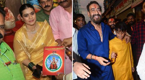 Ajay Devgn, Kajol, and son Yug At Lalbaugcha Raja