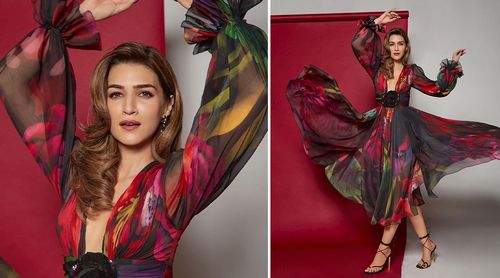 In a 68K wide-neck flared midi dress for Bhediya promotions, Kriti Sanon is obstructing fashion traffic