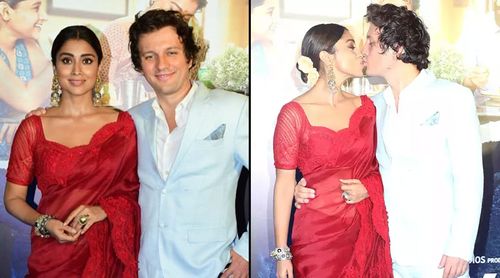 Shriya Saran and her husband Andrei Koscheev steal a kiss at the special screening of Drishyam 2