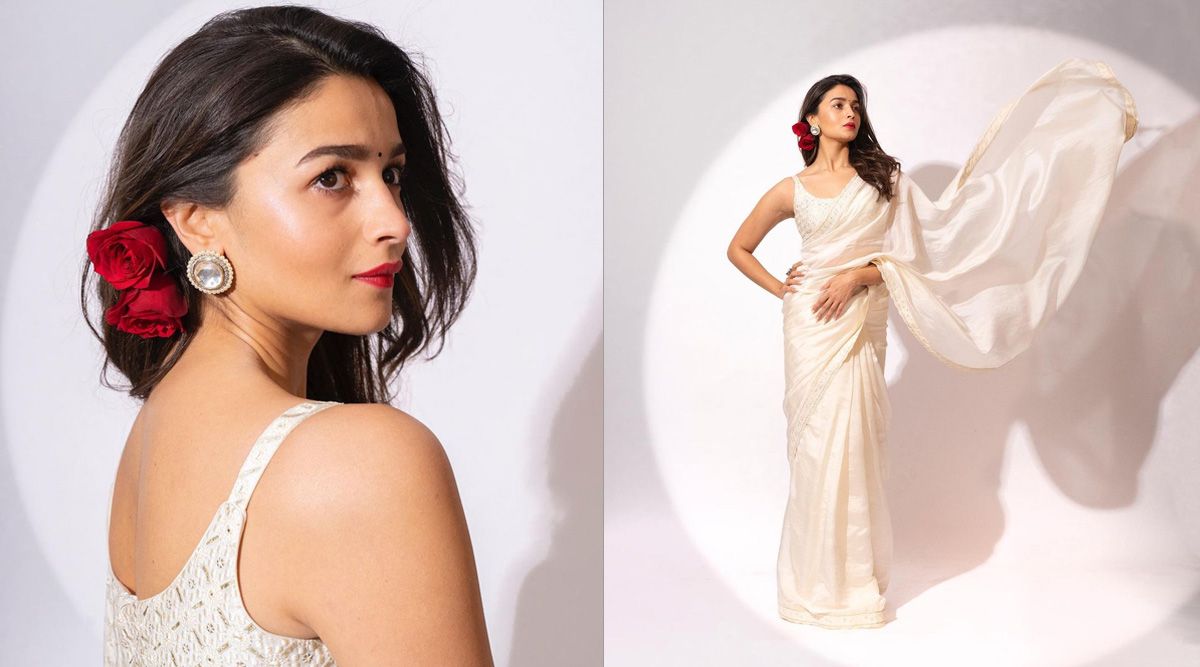 Alia Bhatt looks breathtaking in a classic white saree and red lipstick, channels 60s retro vibes