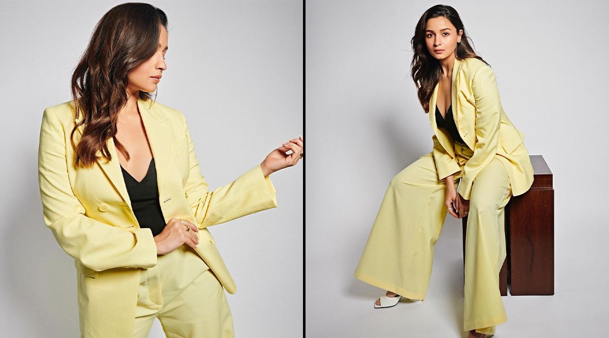 Alia Bhatt looks exudes grace in a stylish lime yellow pantsuit for Darling promotions