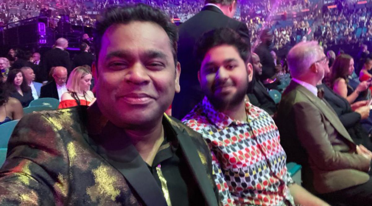 A R Rahman takes a selfie with his son AR Ameen at the Grammy Awards 2022, as the two attend together