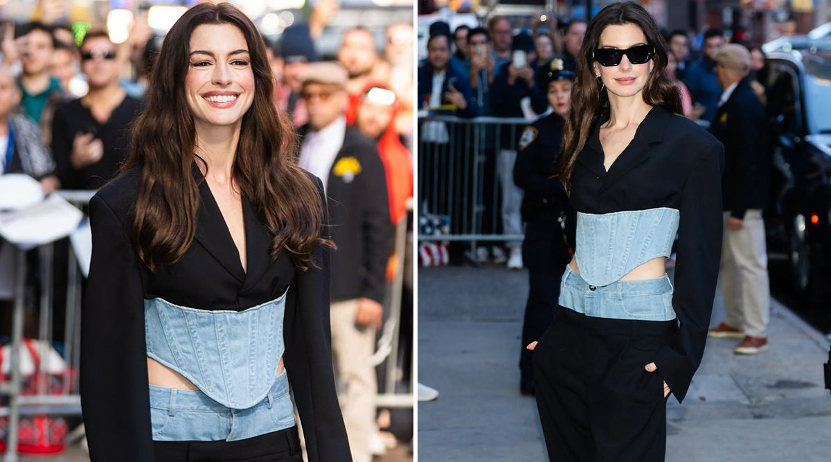 Anne Hathaway's chic corset denim blend exudes city businesswoman vibes