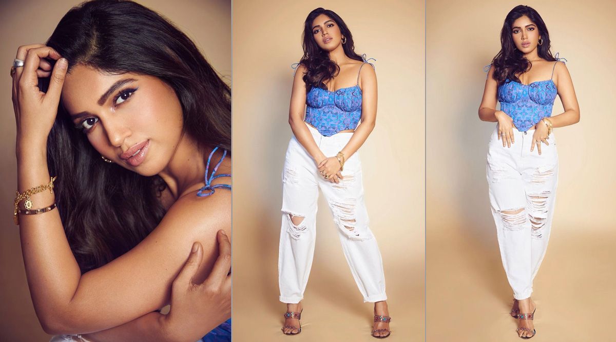 Bhumi Pednekar oozes oomph in a blue strappy top and white denims