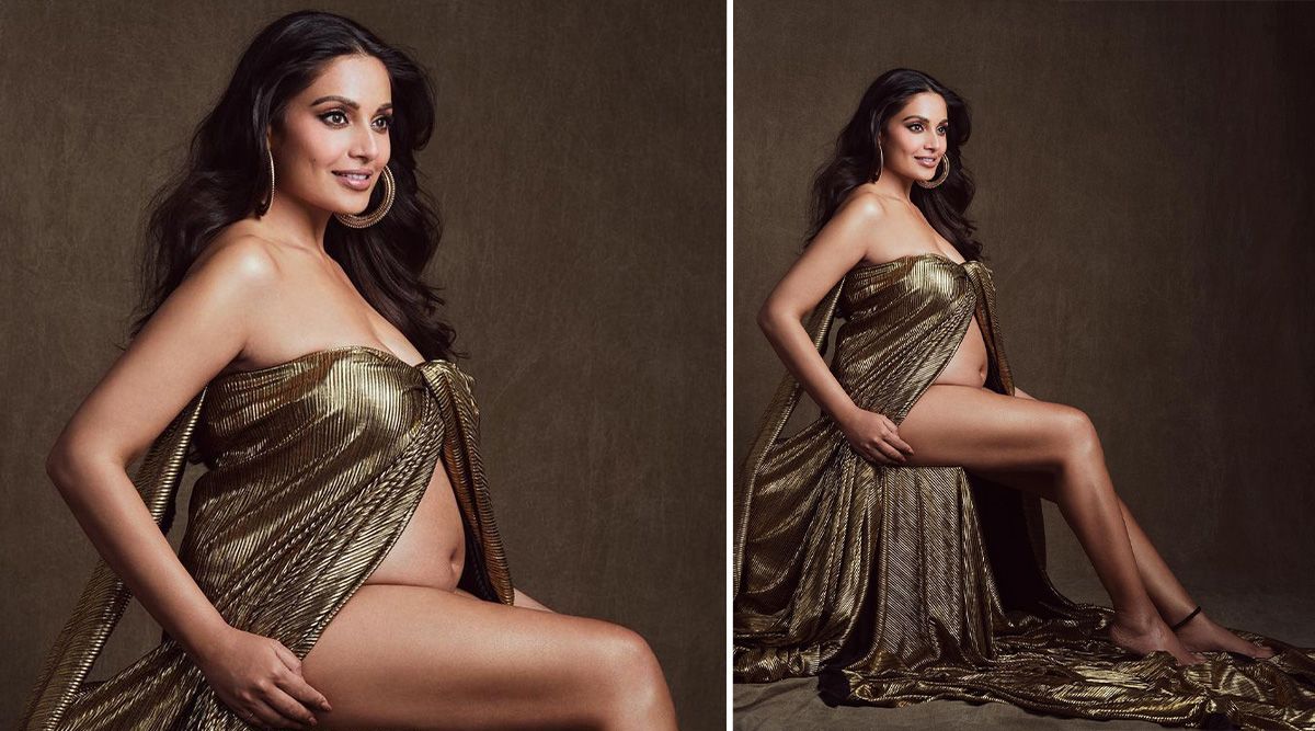 Bipasha Basu wears a flashy metallic gown to show off her baby bump; the image is reminiscent of Rihanna's maternity shoot