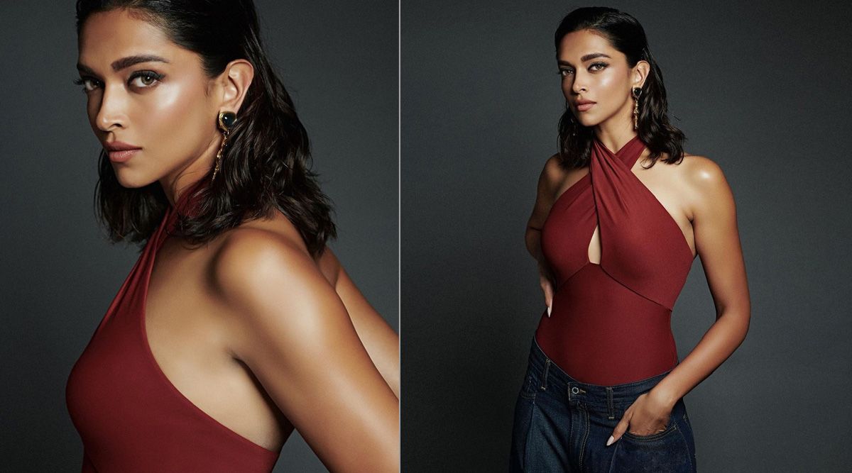 Deepika Padukone looks drop dead gorgeous in a maroon halter top and jeans