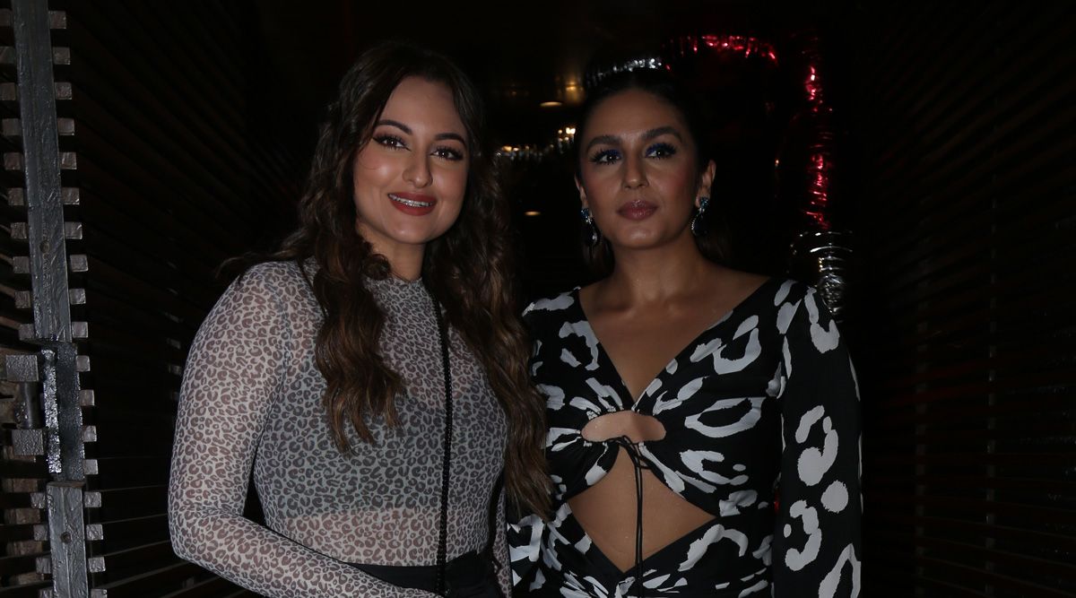Huma Qureshi in black and white gown with thigh high slit, with her girl friend Sonakshi Sinha; HOTNESS PERSONIFIED!