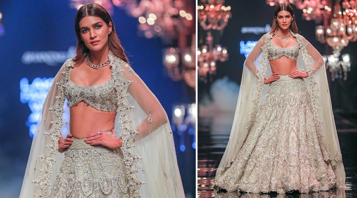 Kriti Sanon walks the runway at FDCI X Lakme Fashion Week wearing a dazzling lehenga and a chic choli.