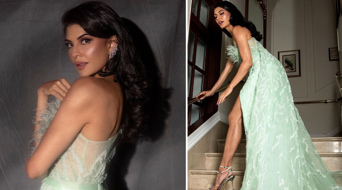 Jacqueline Fernandez redefines the REGAL & HOT look in THIS feathery mint dress by Mambo couture!