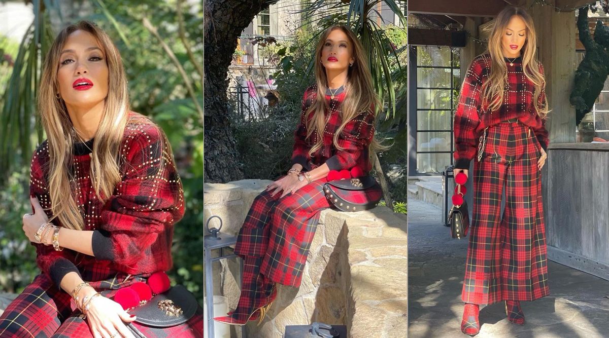 Jennifer Lopez rocks a red plaid knitted cardigan on Instagram