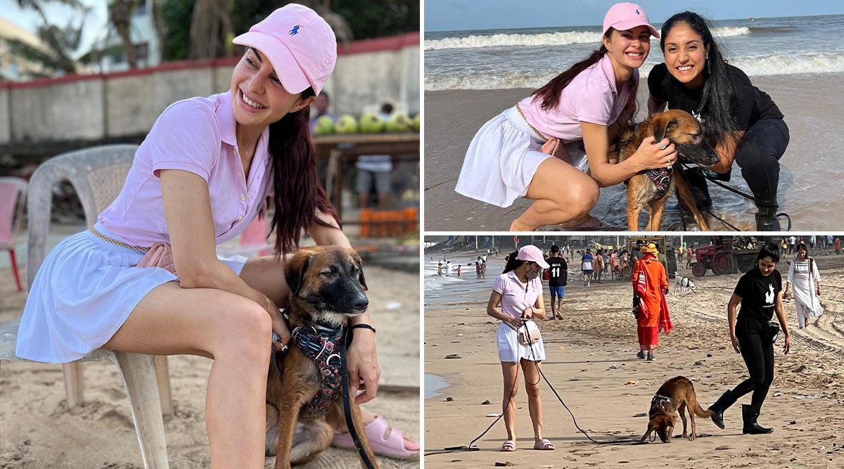 Aww! Jacqueline Fernandez Rocks A Chic Mini Skirt And Tee Combo For A Fun Beach Morning With Her Adorable Pet! (Watch Video)