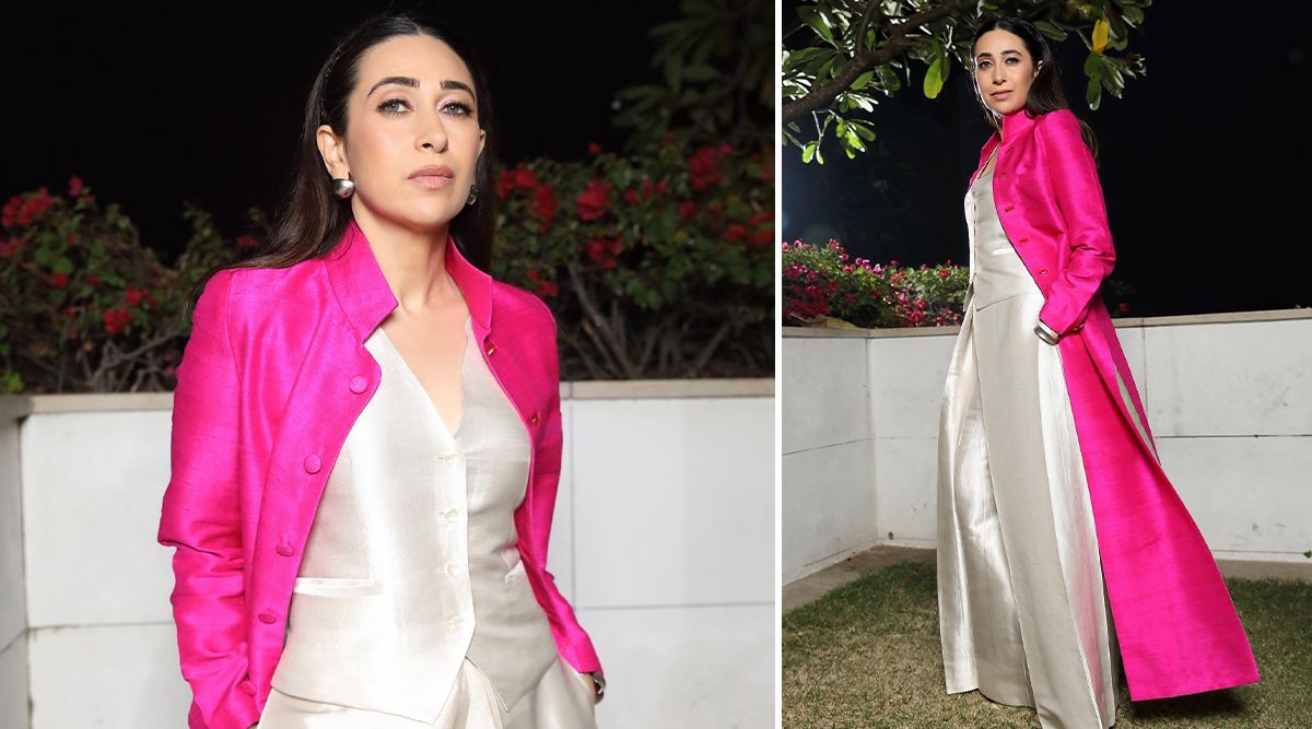 Karisma Kapoor looks like a desi Barbie in silver brocade co-ords and a hot pink blazer