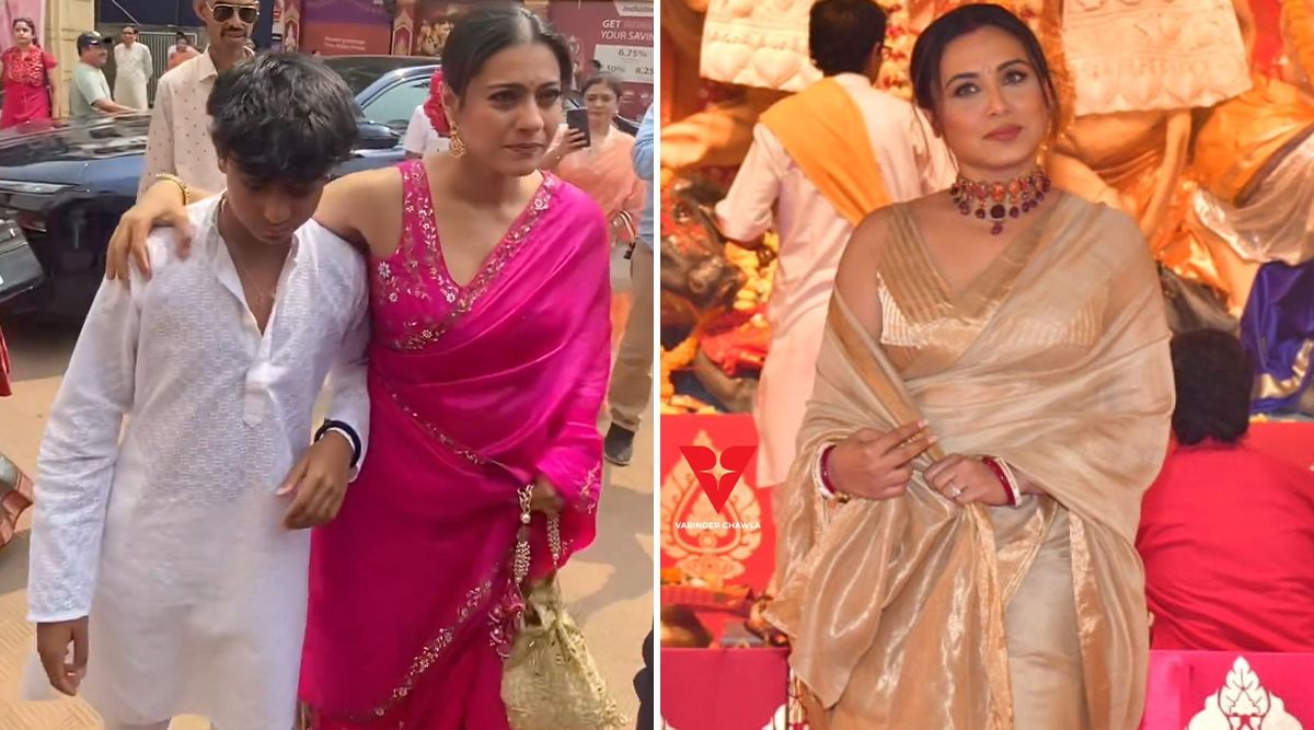 Check Out The Stunning Durga Puja Celebration Entrance Of Kajol With Son Yug, While Rani Mukerji Stuns In A Gorgeous Saree! (Watch Video)