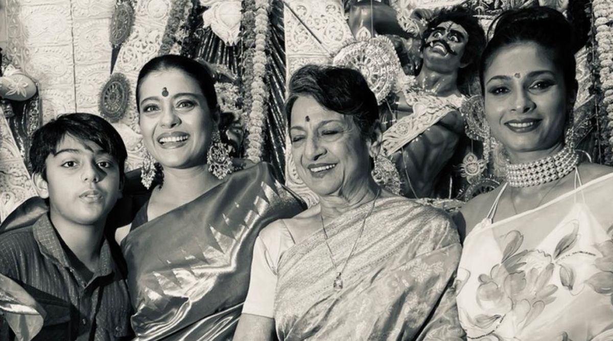 Kajol beams as she poses with Tanishaa Mukerji, her son Yug, and Tanuja from the Durga Puja pandal