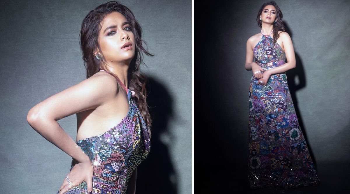 Keerthy Suresh’s Latest Outfit Proves That She Is An Epitome Of Beauty And Grace As She Poses Is a Stunning BARE – BACK Multicoloured Sequined Gown! (View Pics)