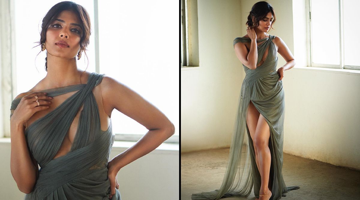 Malavika Mohanan looks gorgeous wearing a THIGH HIGH SLIT olive green dress! (View Pics)