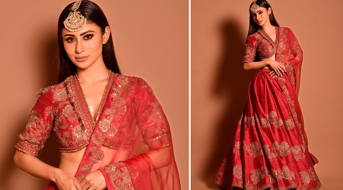 Mouni Roy’s red flowery lehenga with golden details is the ULTIMATE outfit for bridesmaids this wedding season