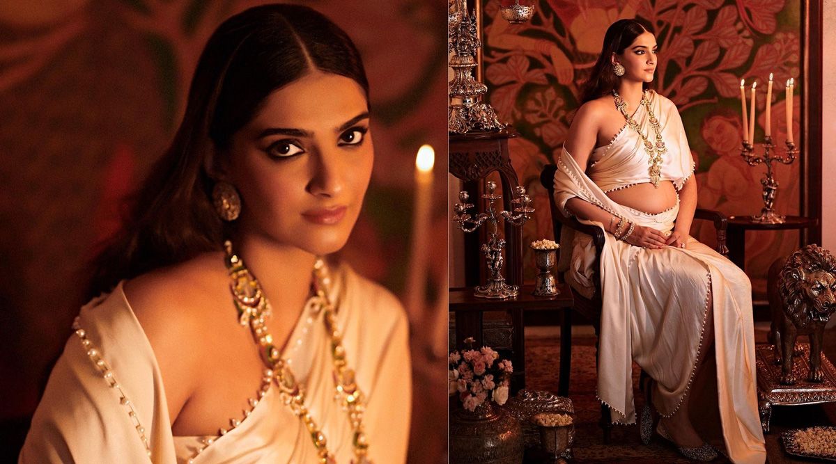 Mom-to-be Sonam Kapoor exudes Greek goddess vibes in an ivory saree, as she poses flaunting her baby bump