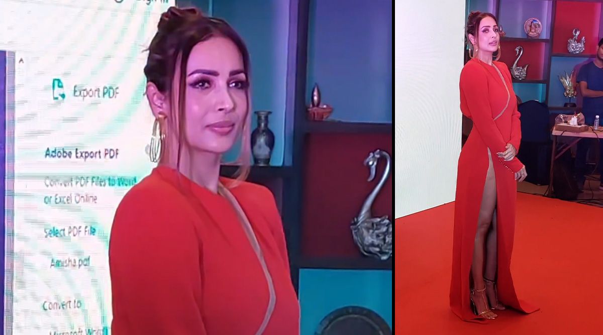 Can't get our eyes off Malaika Arora's stunning look in a silt-red thigh-high slit gown!