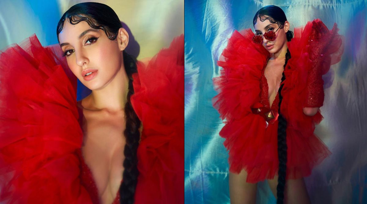 Nora Fatehi raises the temperature as she dresses in a dramatic red ruffle outfit; Watch PICS!