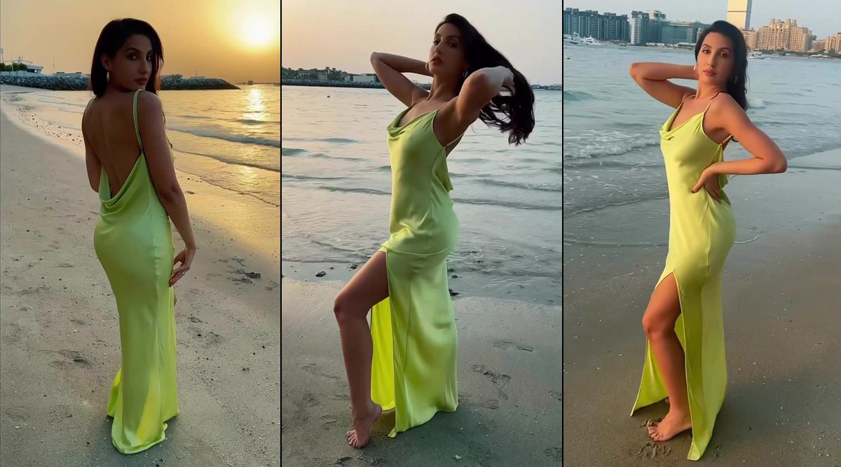 Nora Fatehi is a sight to behold in a beautiful satin green dress walking by the beach; Take a look!