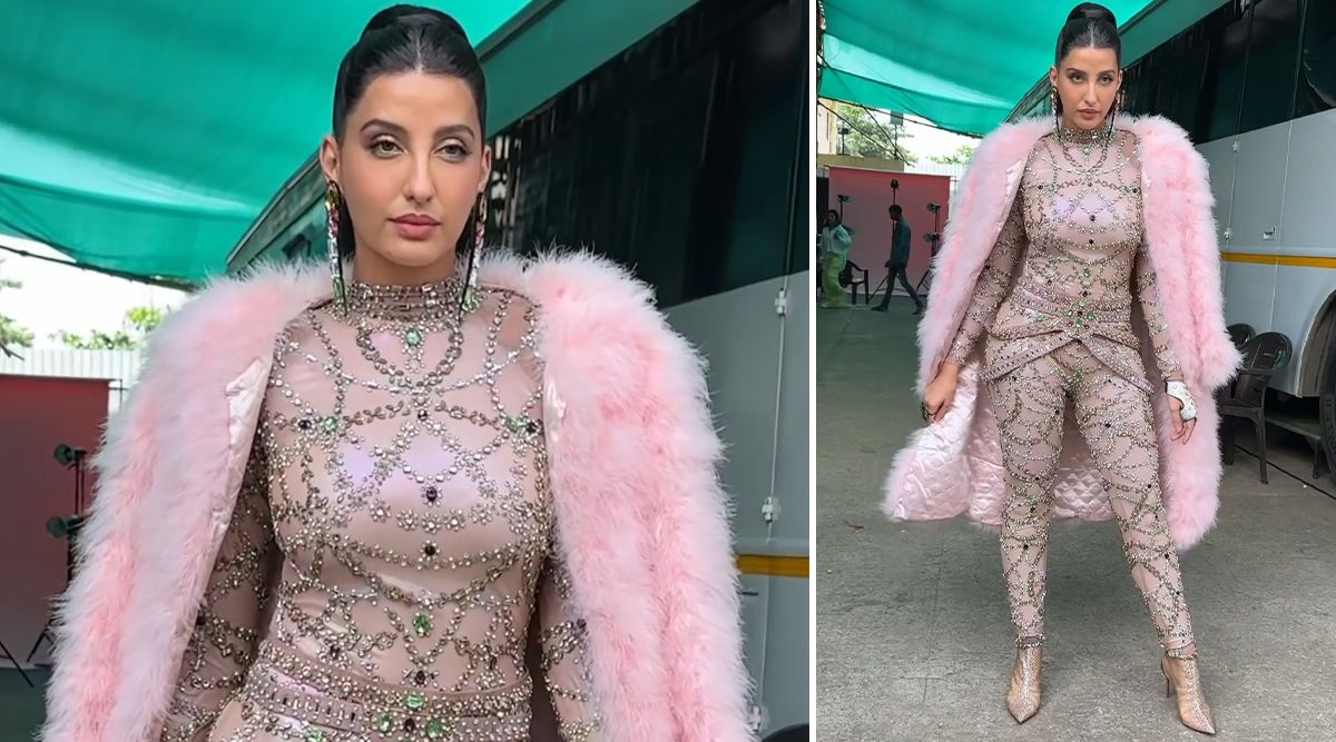 So Hot! Nora Fatehi STUNS In Bejewelled Bodycon And Furry Cape, Defying Monsoon Norms! (Watch Video)