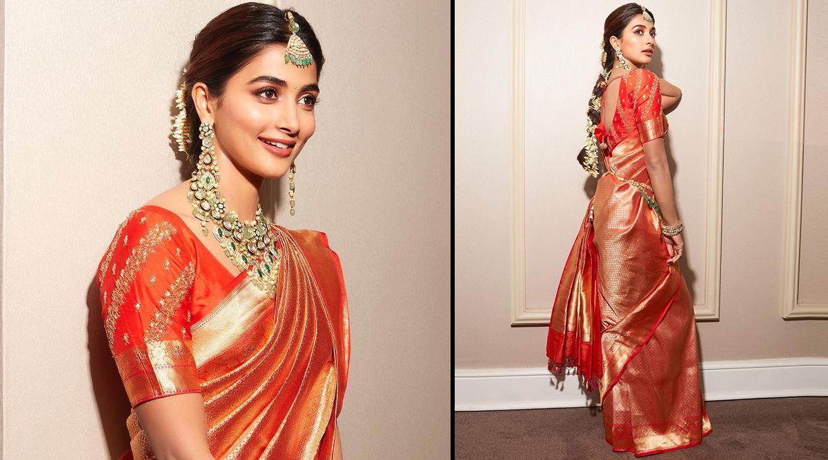 Pooja Hegde is a sight to behold in a South Indian orange organza kanjivaram saree; Check out her pictures!