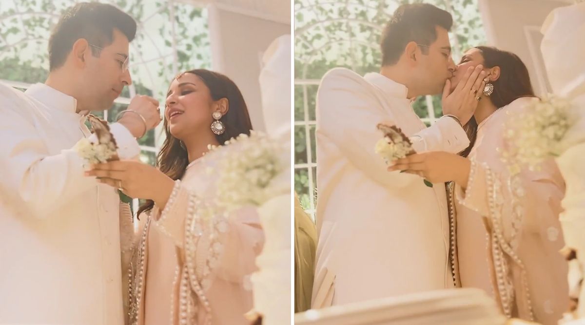 Parineeti Chopra and Raghav Chadha Share A Romantic Kiss Amid Engagement Ceremony (Watch Video)