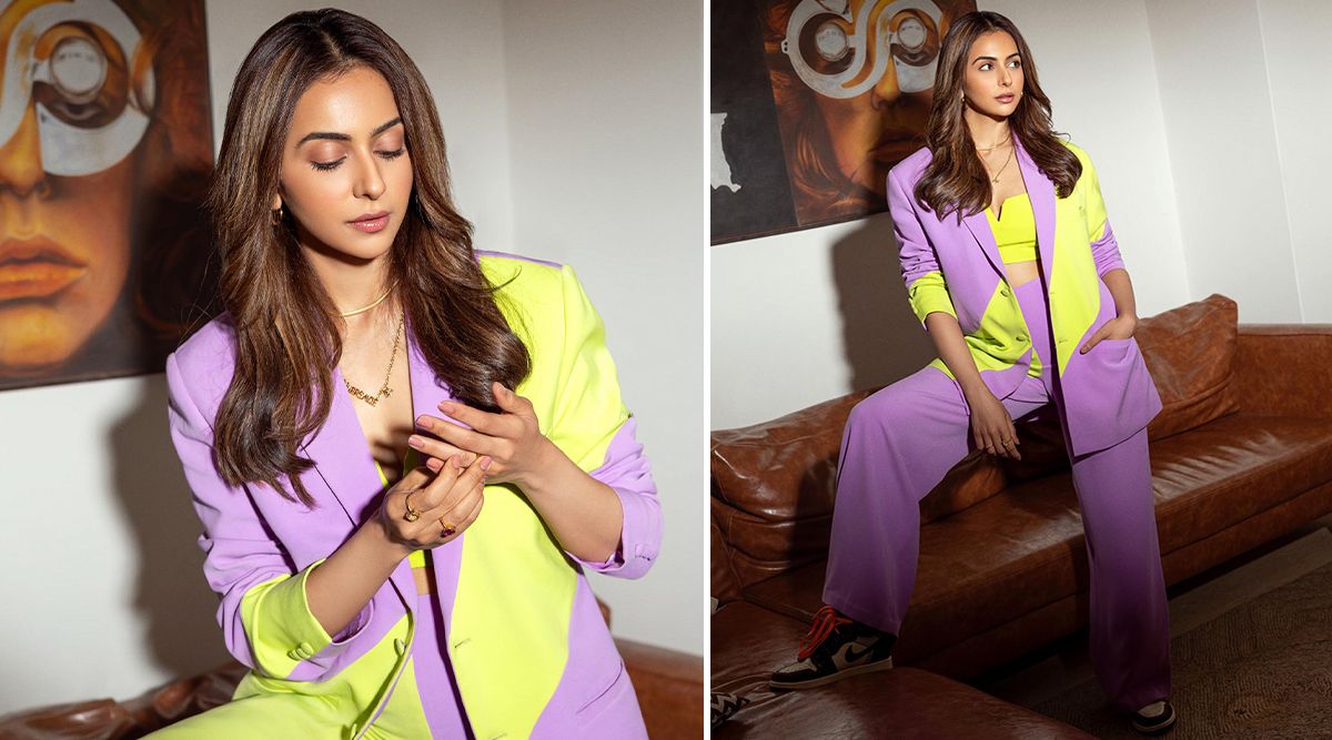 Rakul Preet Singh aces a BOSSY look in THIS lilac & lime green pantsuit by Nirmooha; Take a look at her stunning pictures!