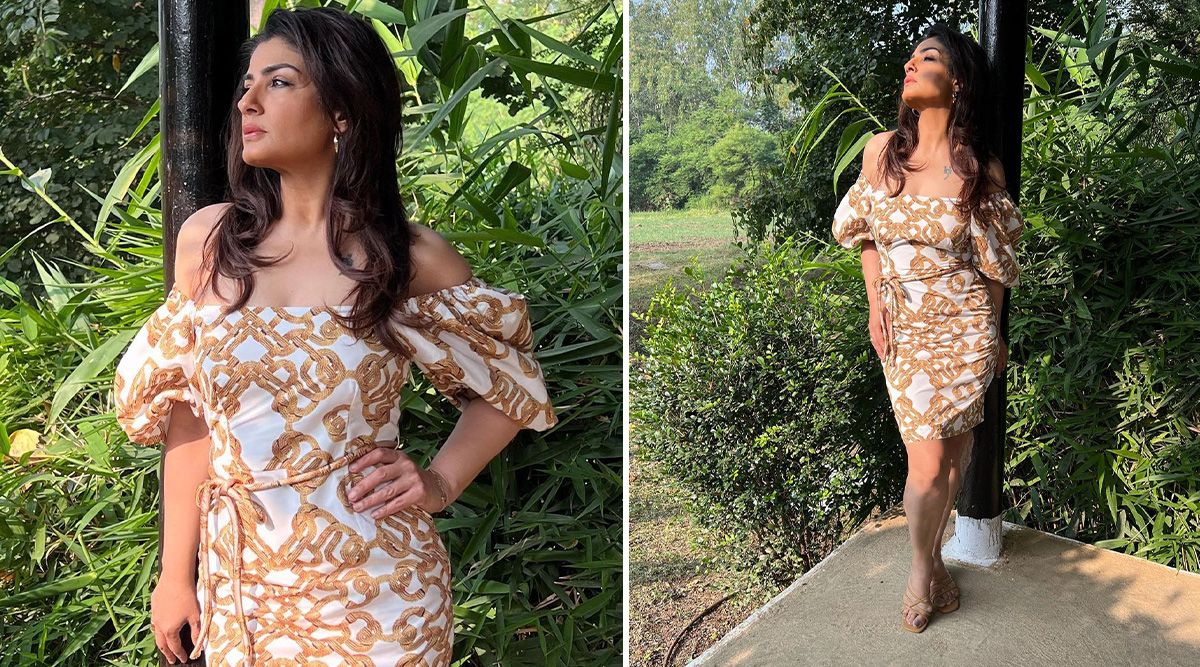 Raveena Tandon looks Breezy in her new printed cream-and-brown off shoulder dress. Take A Look