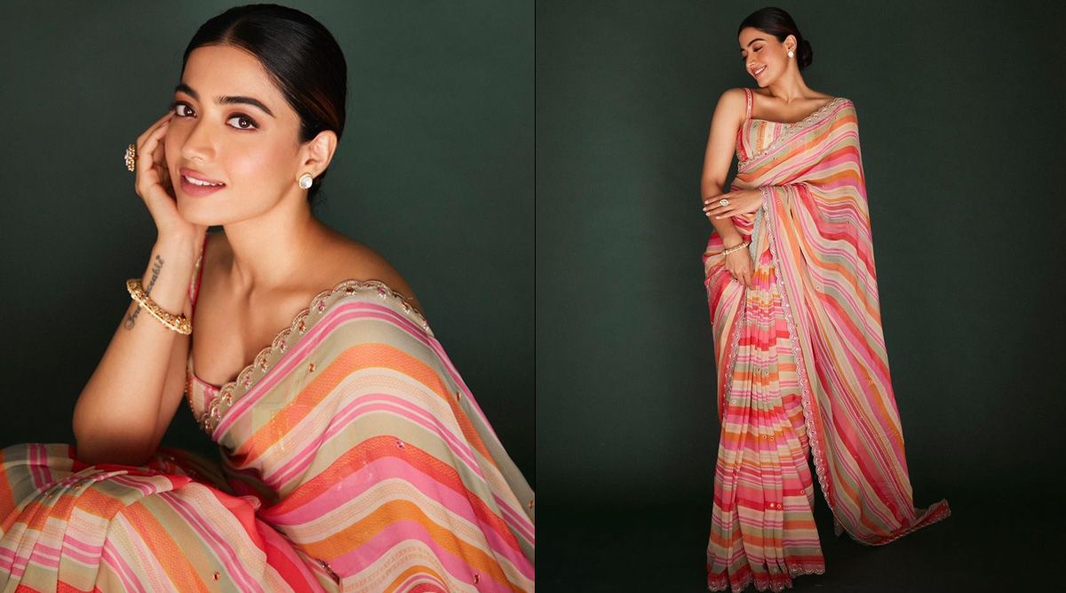 Rashmika Mandanna plays with a colorful look as she opts multicolored saree with a strappy blouse