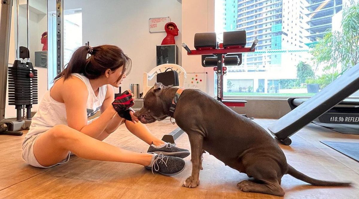 Samantha's furry friend Sasha yet again joins her for a workout sesh -see photo