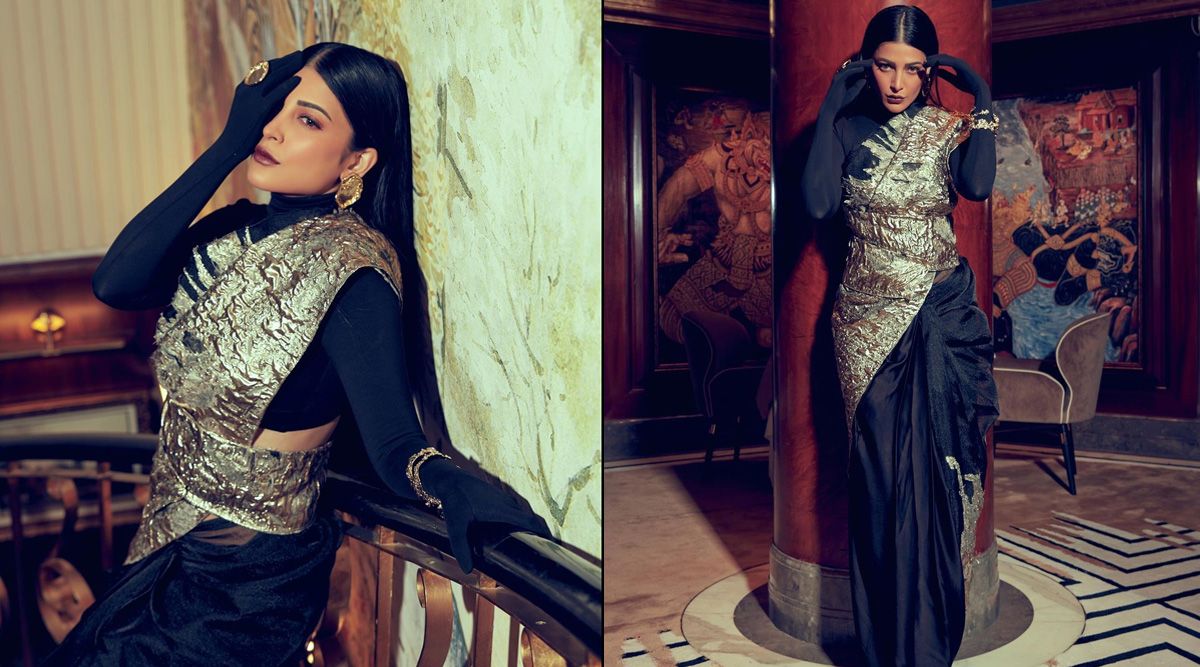 Shruti Haasan gives her SAREE look a twist by pairing it with a turtleneck & gloved blouse; Take style tips from this diva!