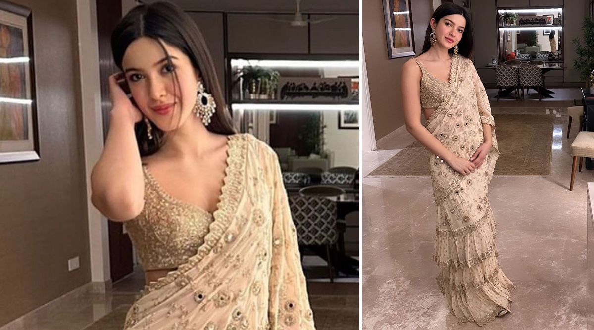 Shanaya Kapoor exudes BEAUTY and ELEGANCE in a ruffle saree with mirror work from the shelves of designer Arpita Mehta