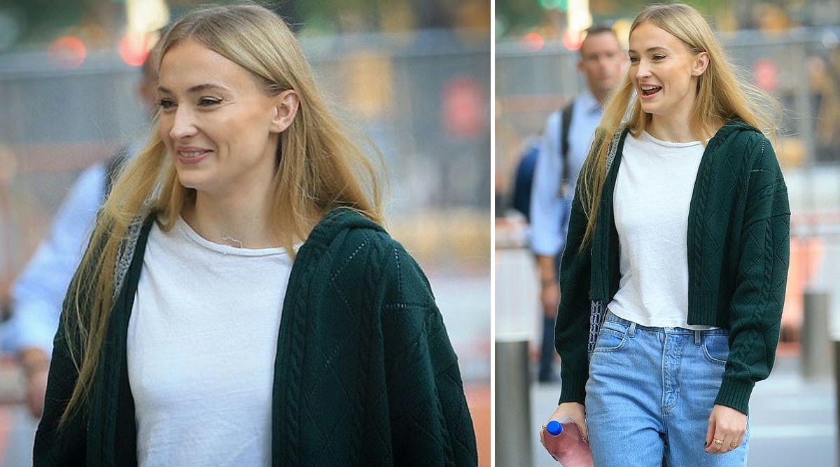 Sophie Turner totally ROCKS a classic blue and white combo with green fuzzy coat