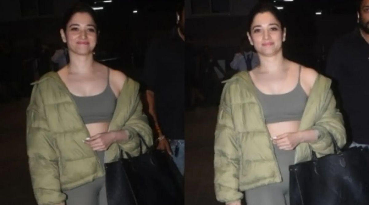 Tamannaah Bhatia slaying athleisure style in a grey sports bra, tights, and puffer jacket; Check Out PICS!