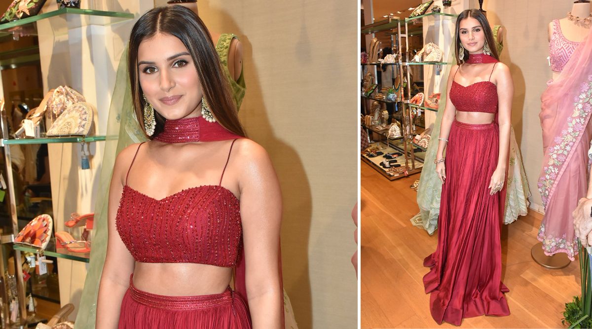Tara Sutaria serves both elegance and hotness in this sparkly red lehenga by Sanjev Marwaaha