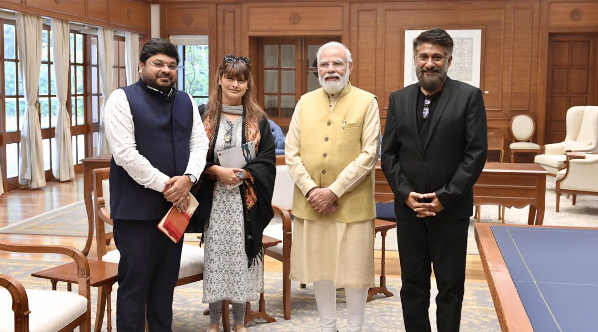 Director Vivek Agnihotri, actress Pallavi Joshi, and producer Abhishek Agarwal of The Kashmir Files meet Prime Minister Narendra Modi