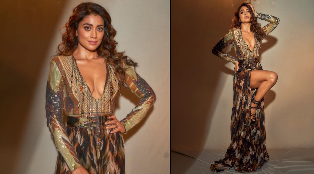 Drishyam star Shriya Saran looks SMOKING HOT in a thigh-high slit dress by Nikita Mahisalkar; Check out her sexy pictures!