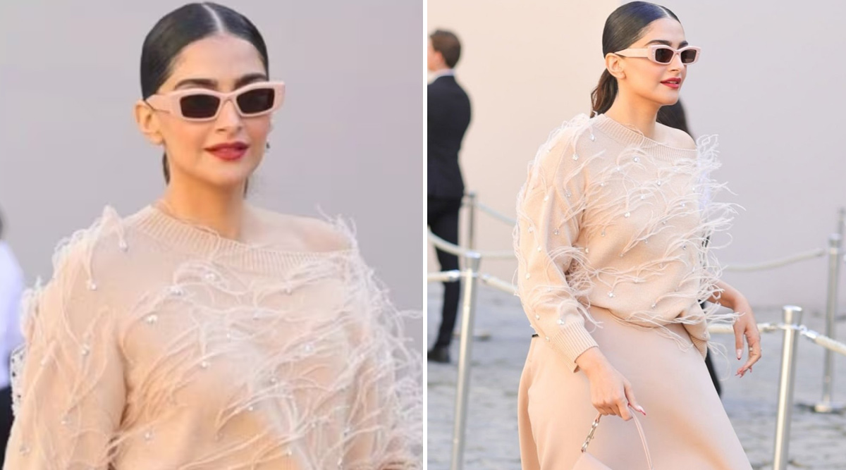 Sonam Kapoor stands out in an all over beige Valentino outfit at Paris Fashion Week